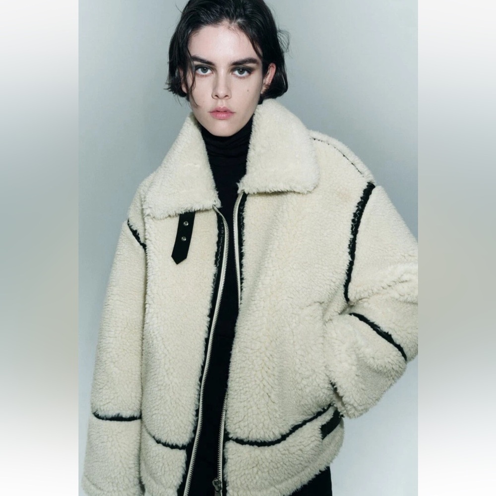 Zara Faux Cream Shearling Biker Jacket (Size Small)